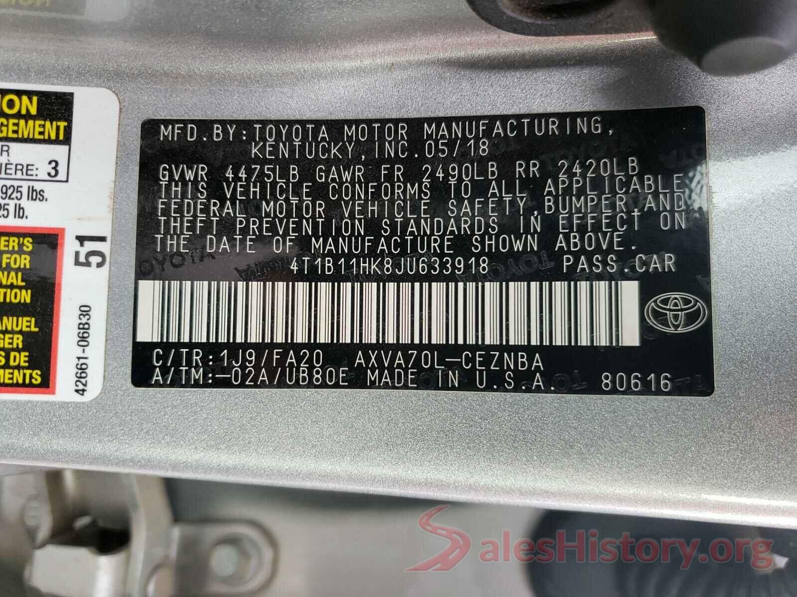 4T1B11HK8JU633918 2018 TOYOTA CAMRY