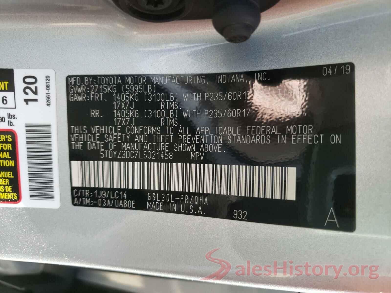 5TDYZ3DC7LS021458 2020 TOYOTA SIENNA