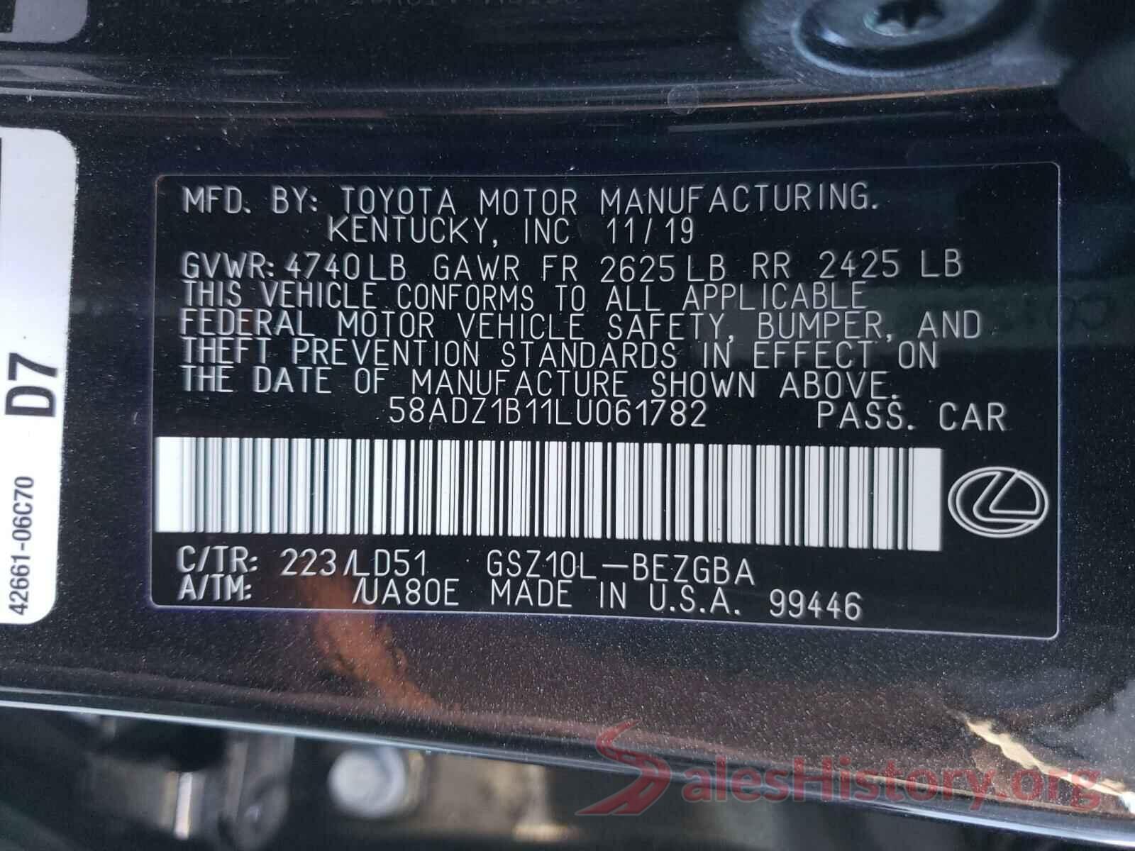 58ADZ1B11LU061782 2020 LEXUS ES350