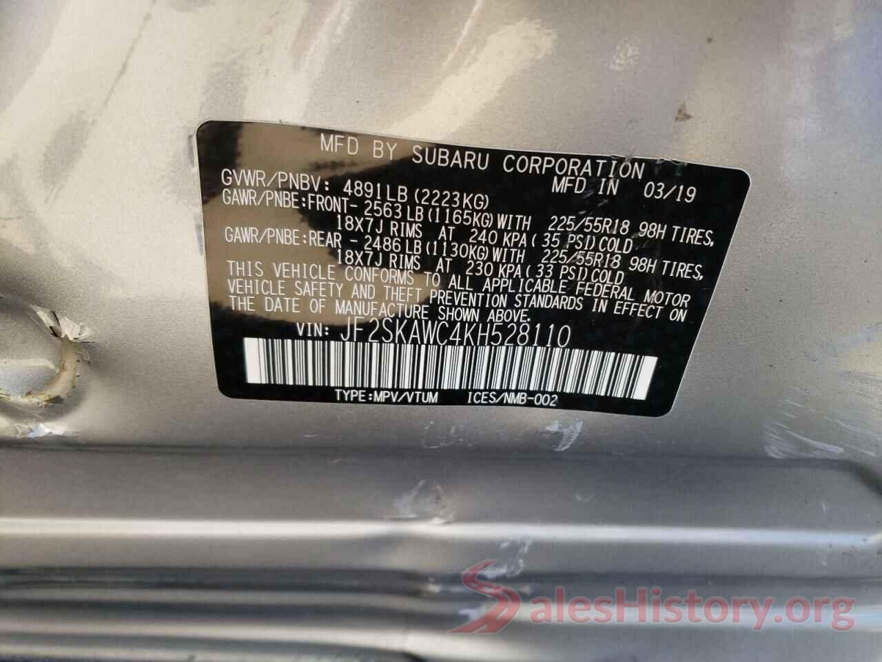 JF2SKAWC4KH528110 2019 SUBARU FORESTER