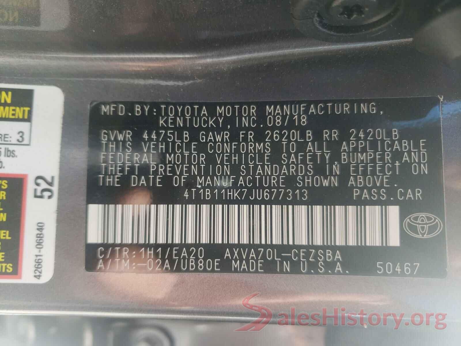 4T1B11HK7JU677313 2018 TOYOTA CAMRY