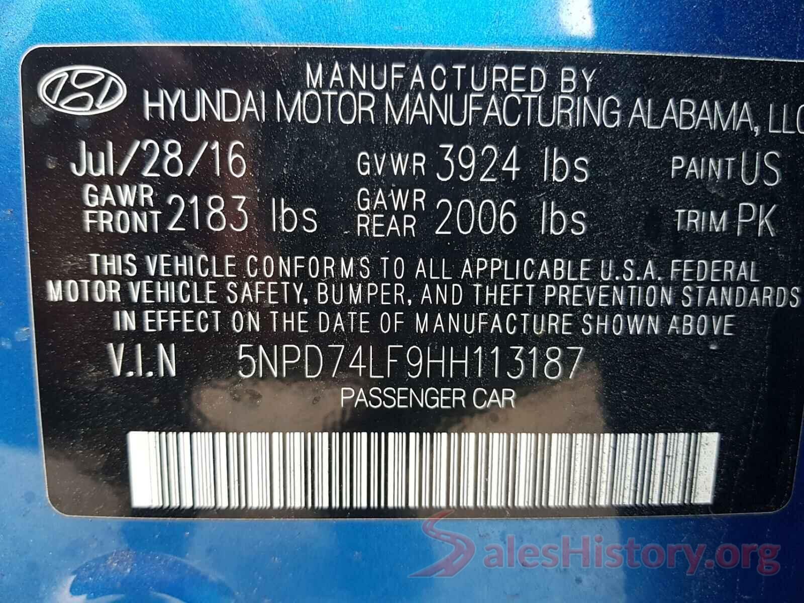 5NPD74LF9HH113187 2017 HYUNDAI ELANTRA