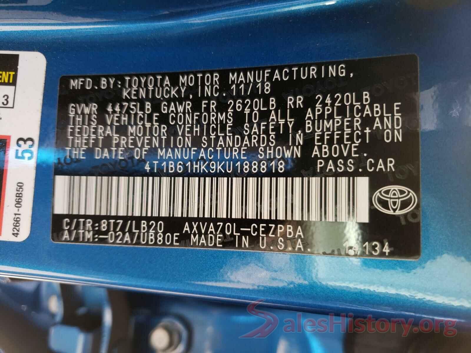 4T1B61HK9KU188818 2019 TOYOTA CAMRY