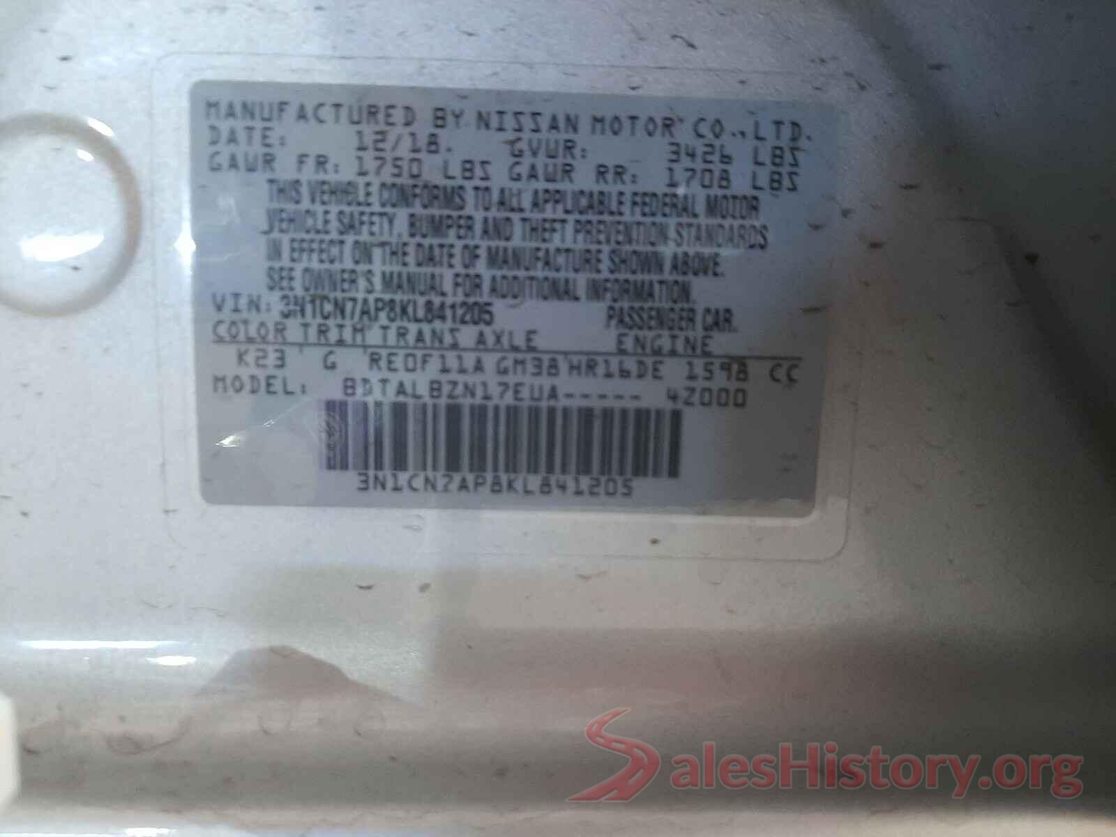 3N1CN7AP8KL841205 2019 NISSAN VERSA