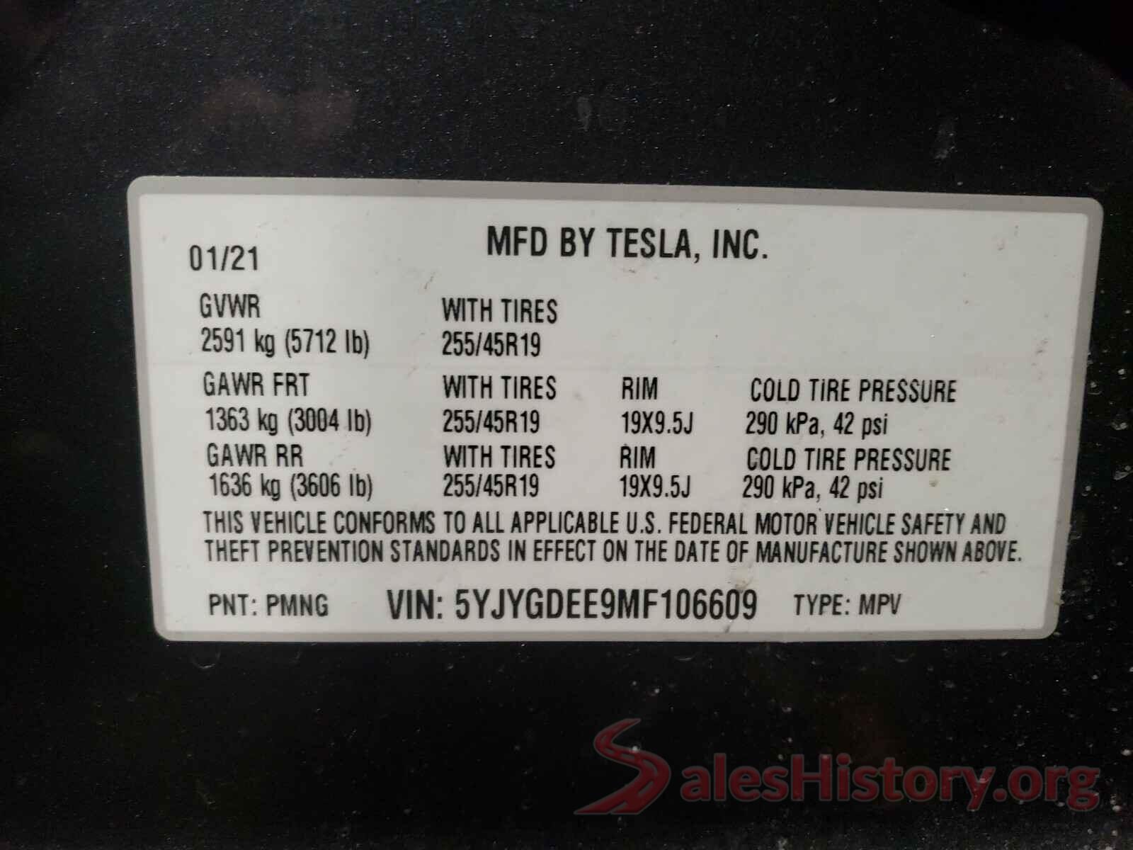 5YJYGDEE9MF106609 2021 TESLA MODEL Y