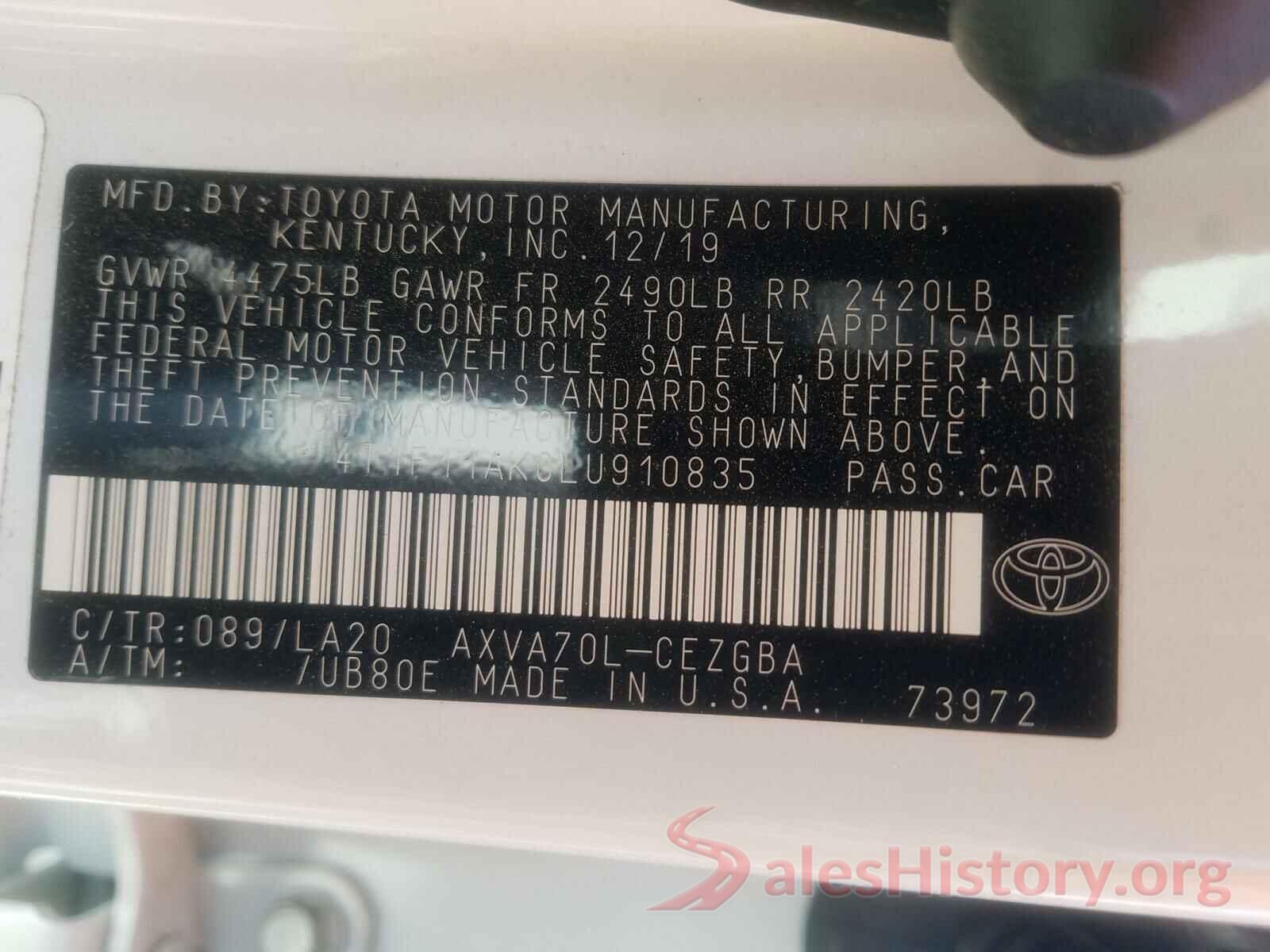 4T1F11AK0LU910835 2020 TOYOTA CAMRY