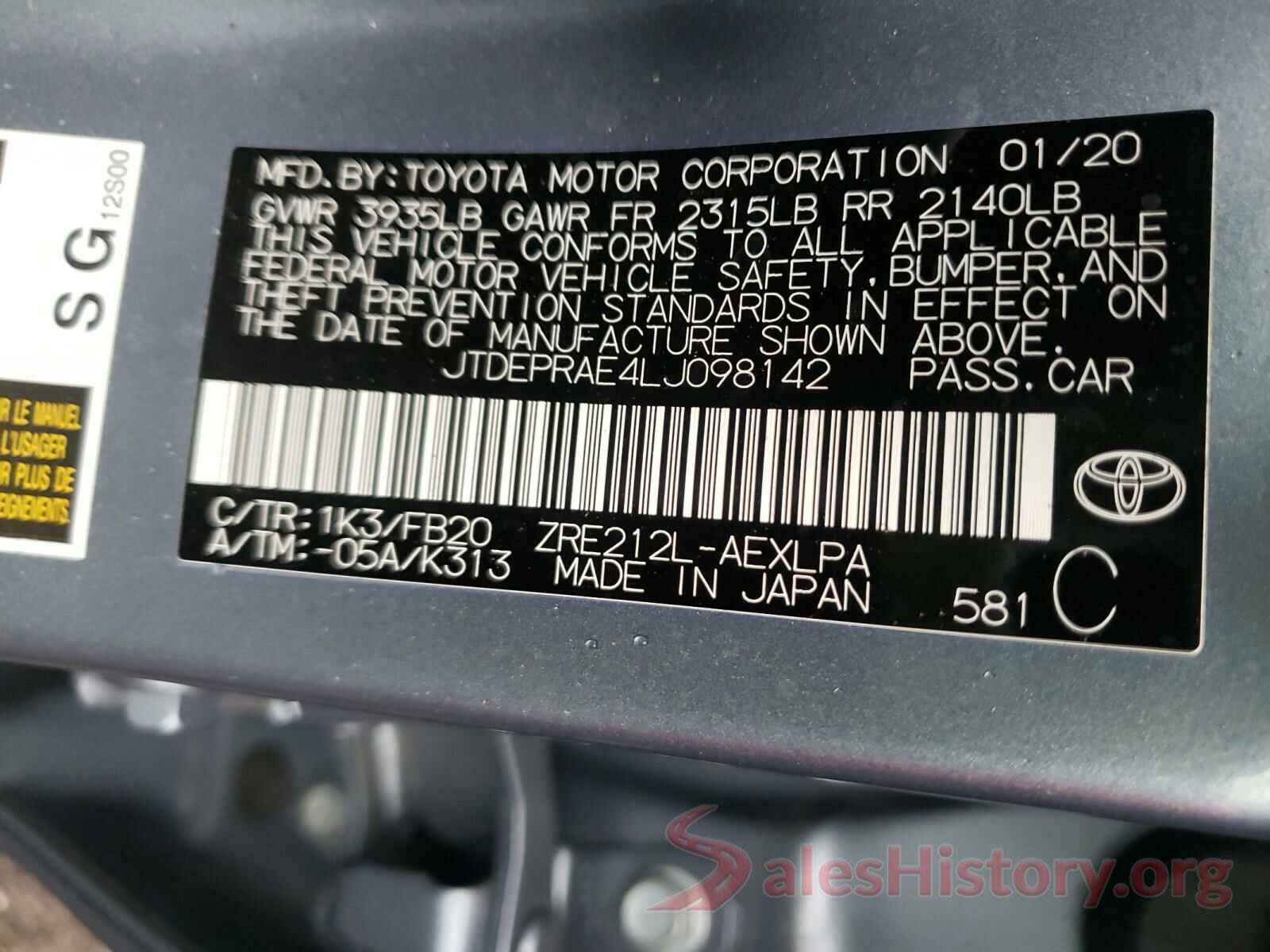 JTDEPRAE4LJ098142 2020 TOYOTA COROLLA