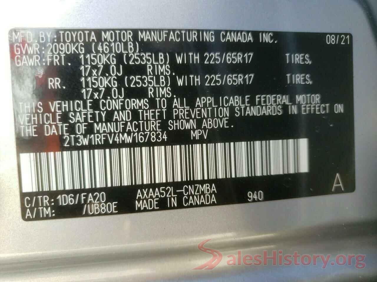 2T3W1RFV4MW167834 2021 TOYOTA RAV4