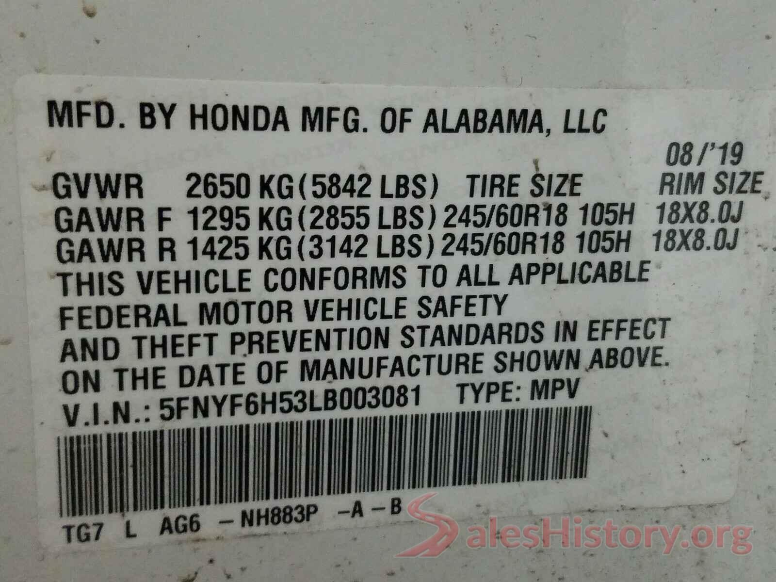 5FNYF6H53LB003081 2020 HONDA PILOT