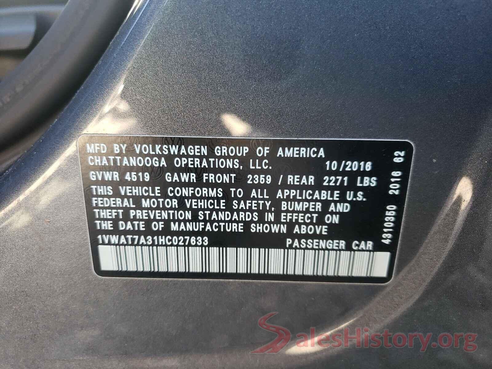 1VWAT7A31HC027633 2017 VOLKSWAGEN PASSAT