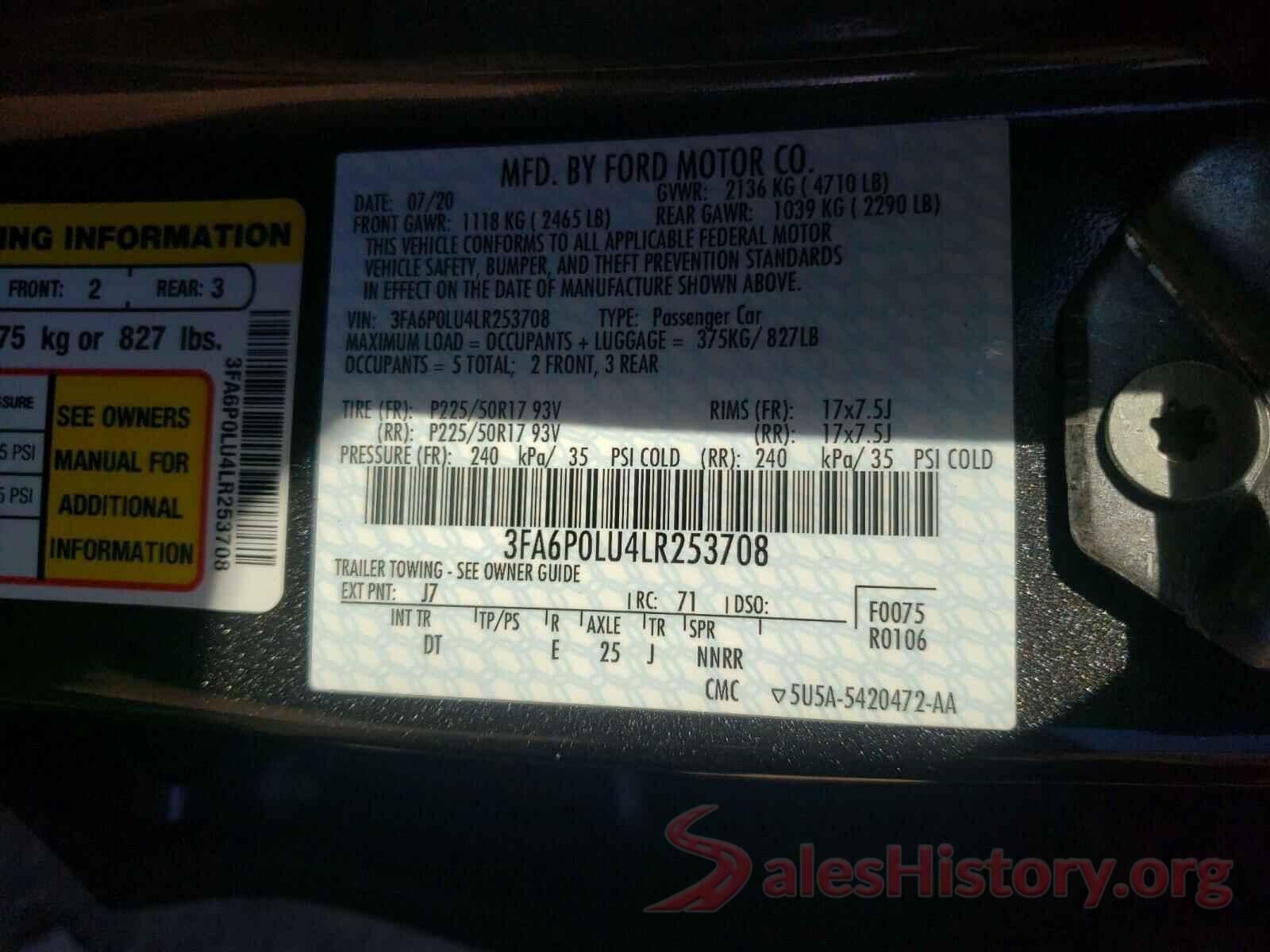 3FA6P0LU4LR253708 2020 FORD FUSION