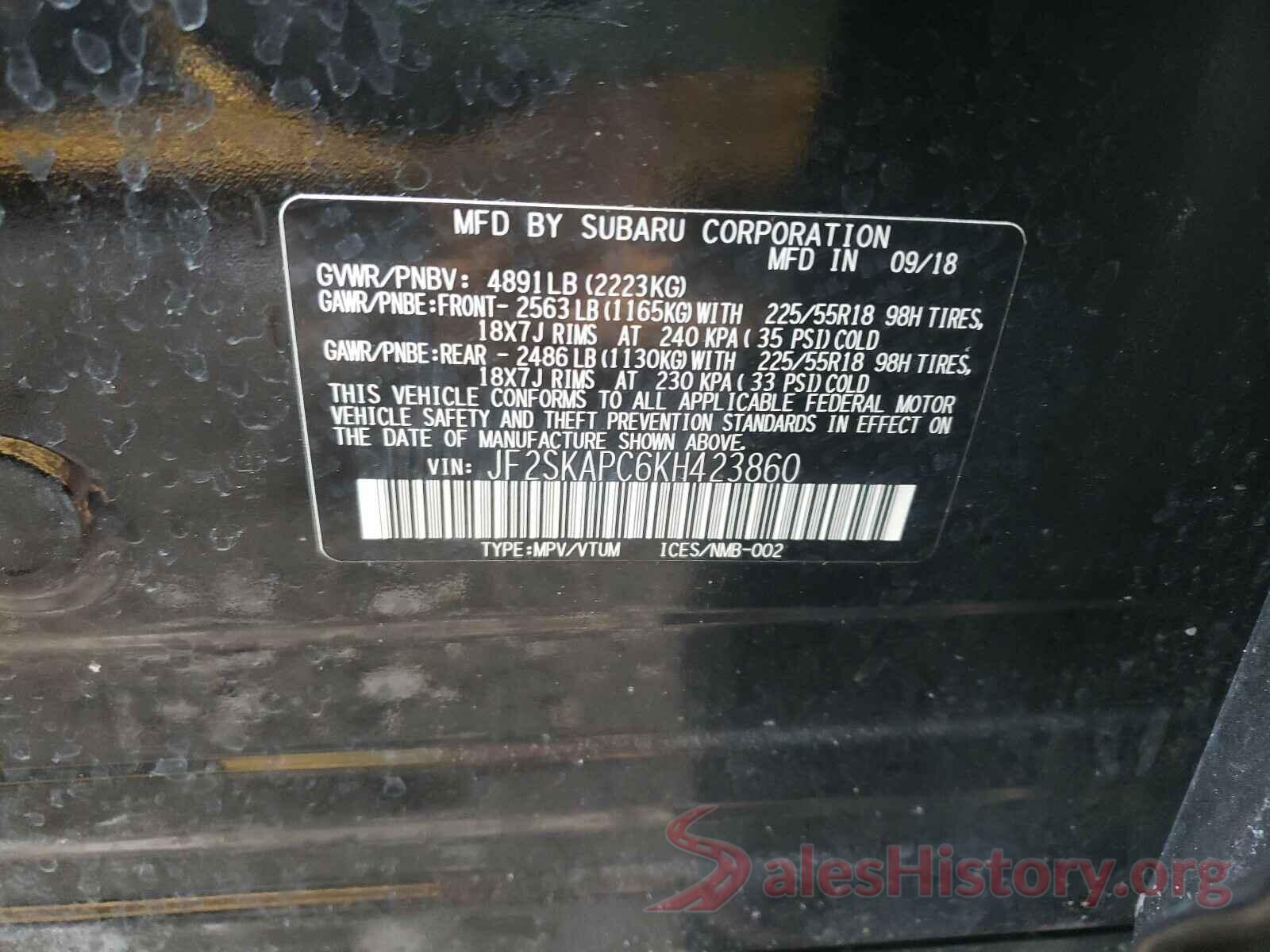 JF2SKAPC6KH423860 2019 SUBARU FORESTER