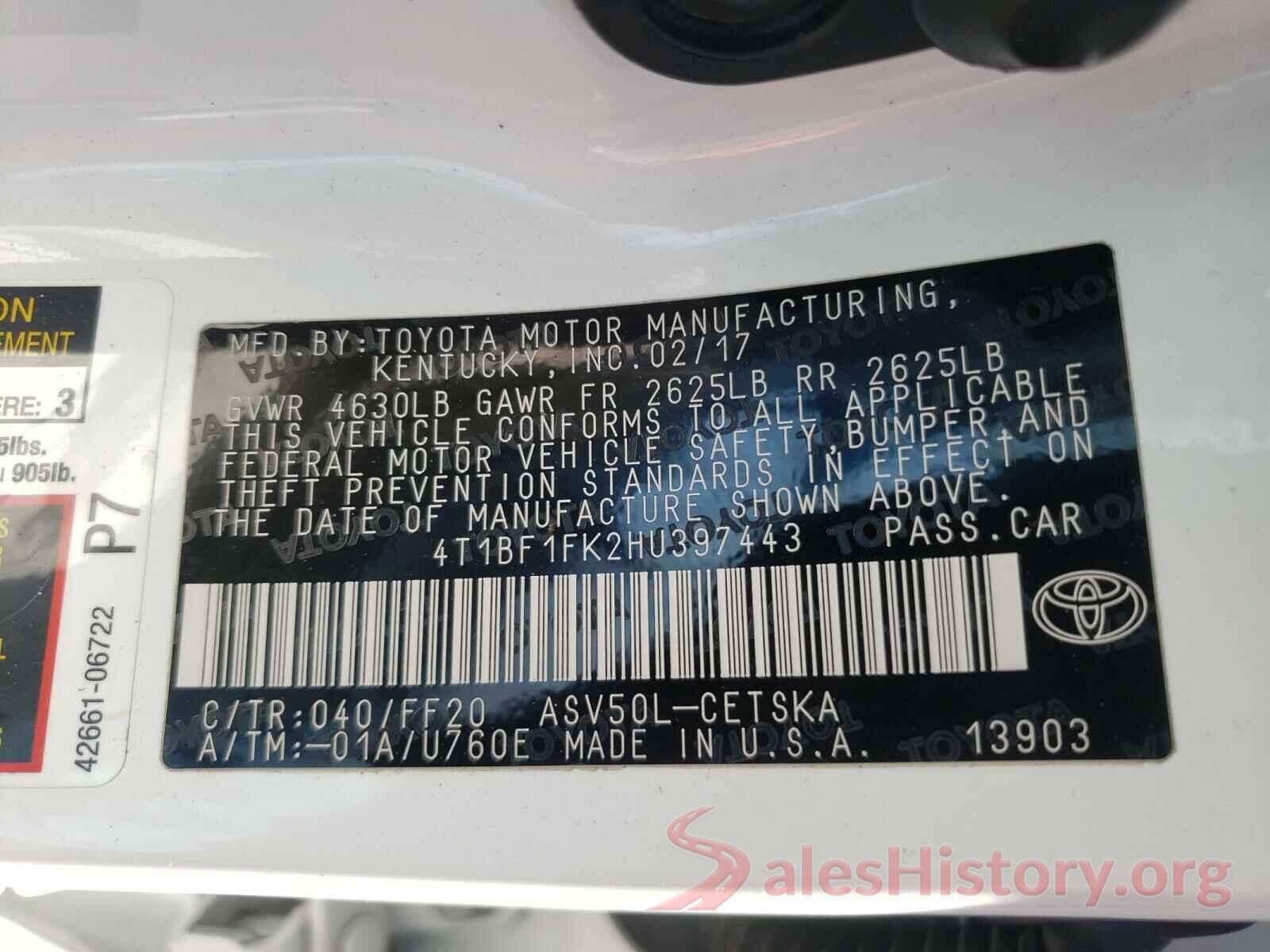 4T1BF1FK2HU397443 2017 TOYOTA CAMRY