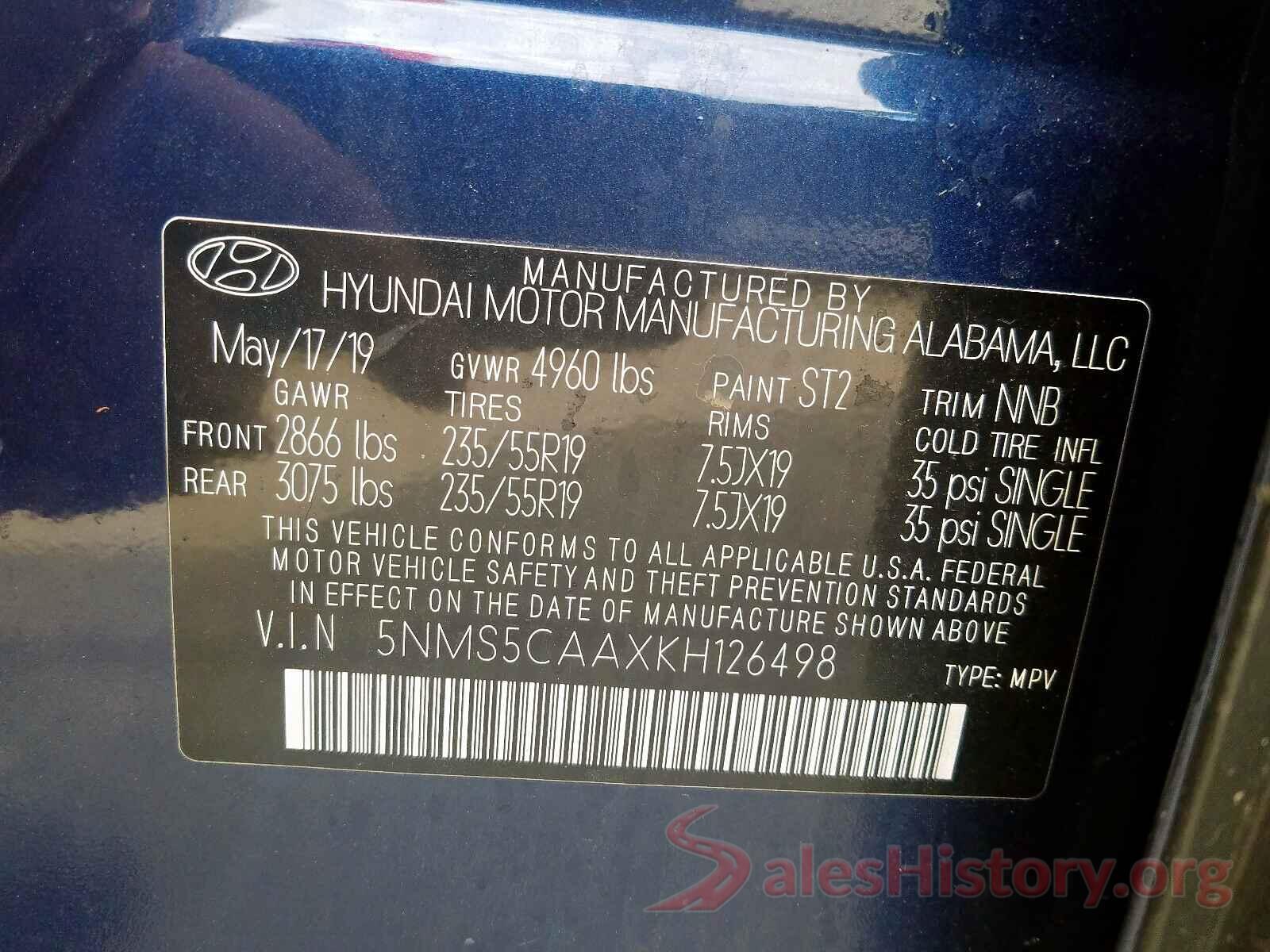 5NMS5CAAXKH126498 2019 HYUNDAI SANTA FE