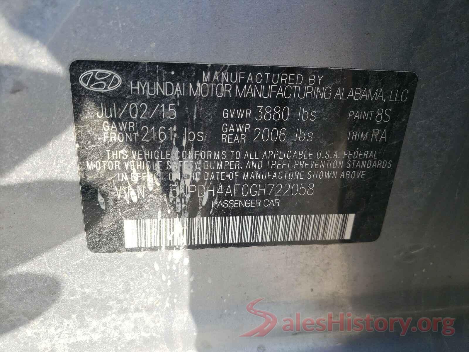 5NPDH4AE0GH722058 2016 HYUNDAI ELANTRA