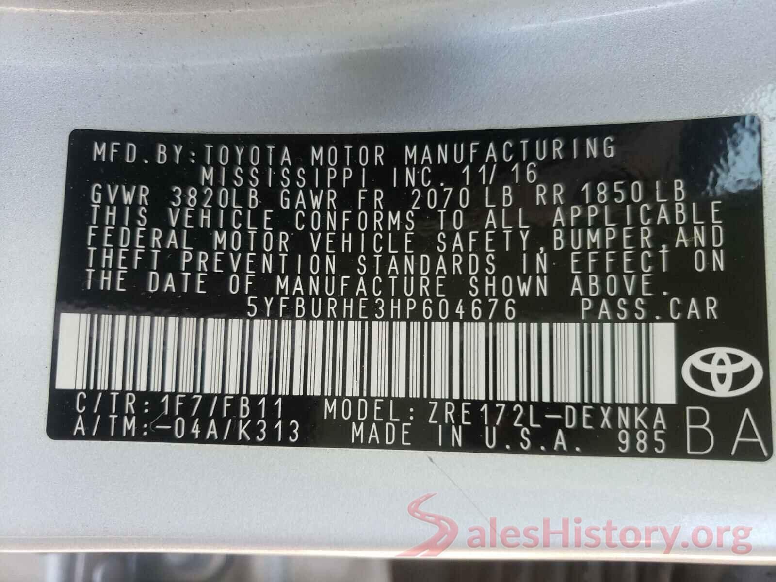 5YFBURHE3HP604676 2017 TOYOTA COROLLA