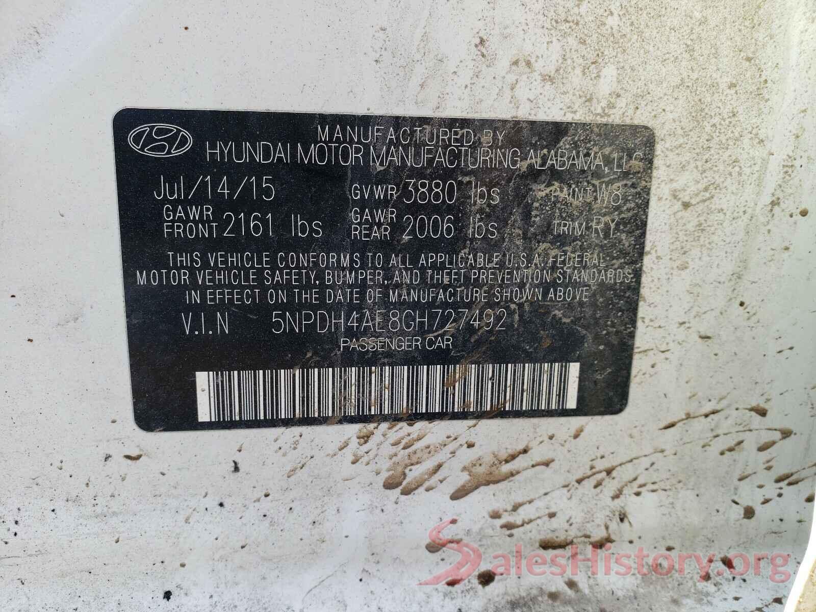 5NPDH4AE8GH727492 2016 HYUNDAI ELANTRA