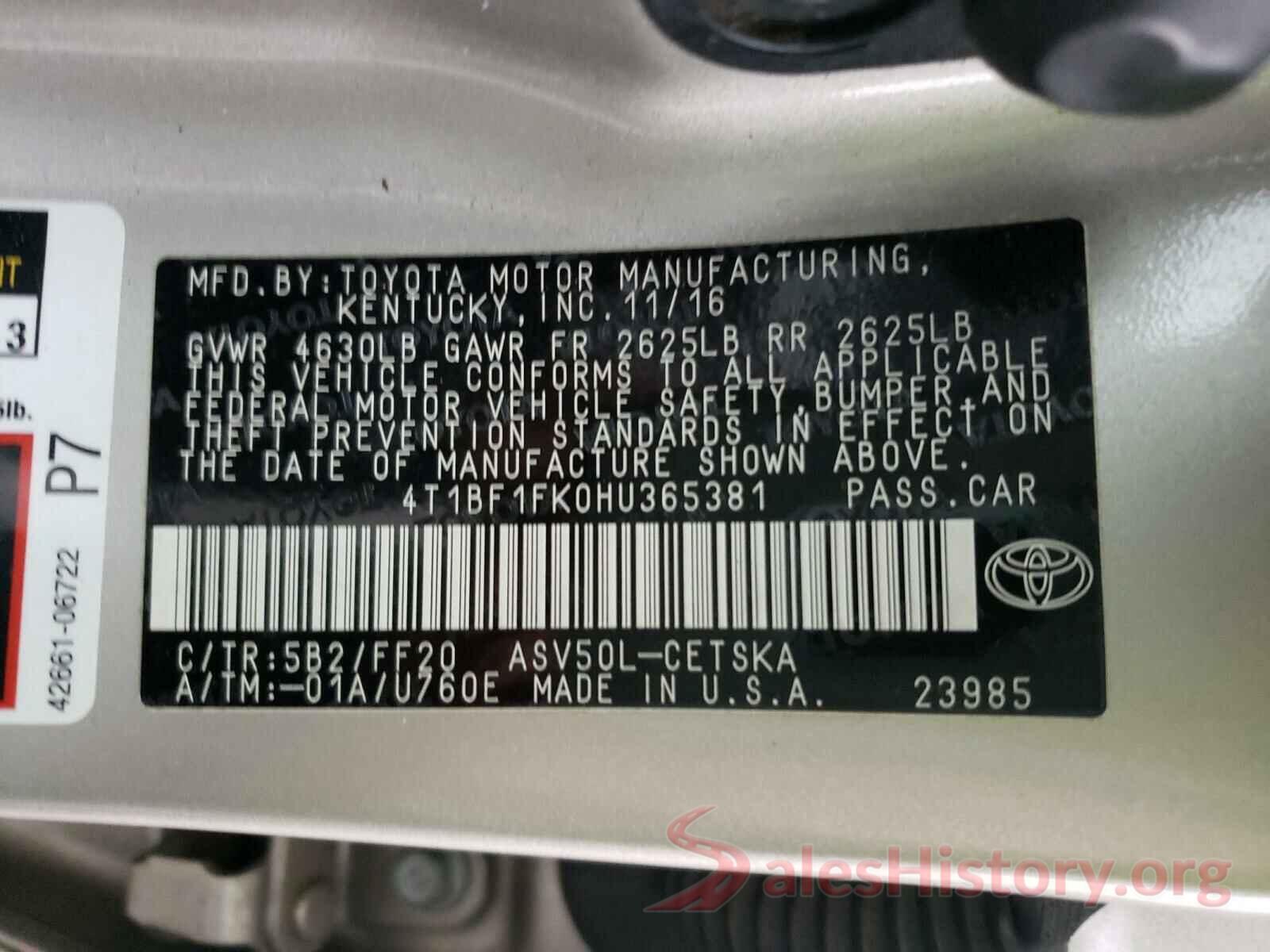 4T1BF1FK0HU365381 2017 TOYOTA CAMRY