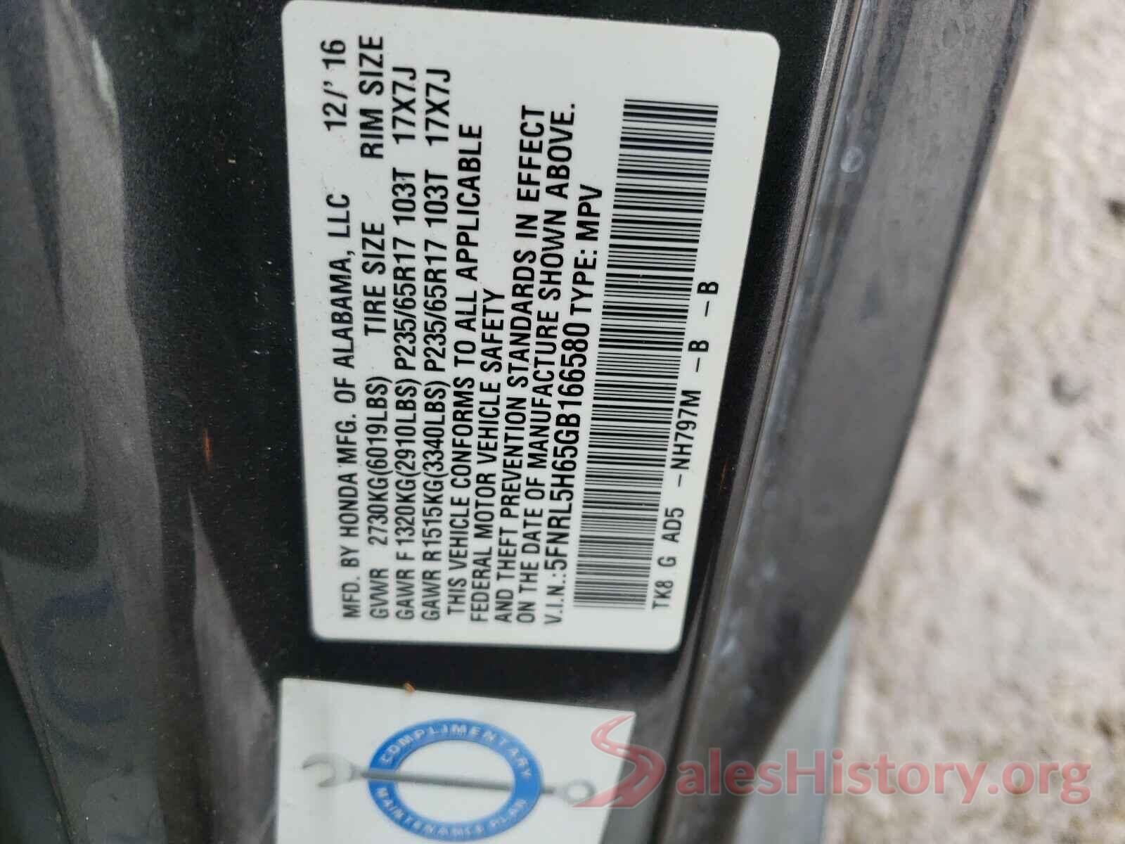 5FNRL5H65GB166580 2016 HONDA ODYSSEY