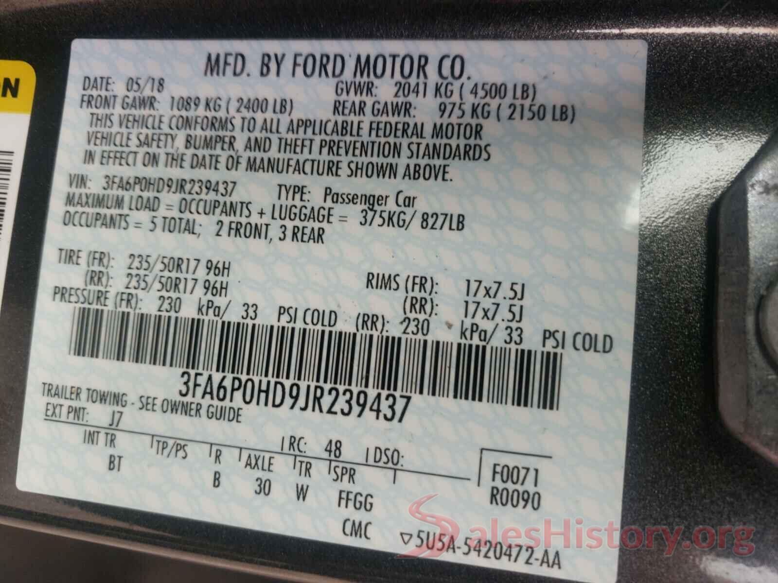 3FA6P0HD9JR239437 2018 FORD FUSION