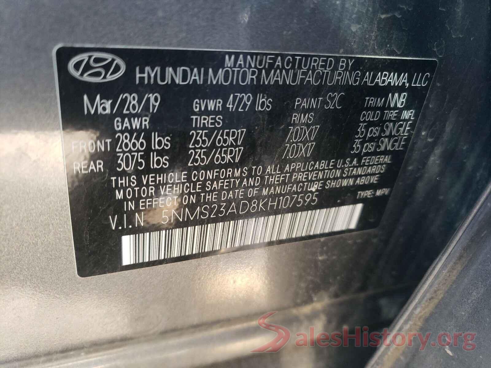 5NMS23AD8KH107595 2019 HYUNDAI SANTA FE