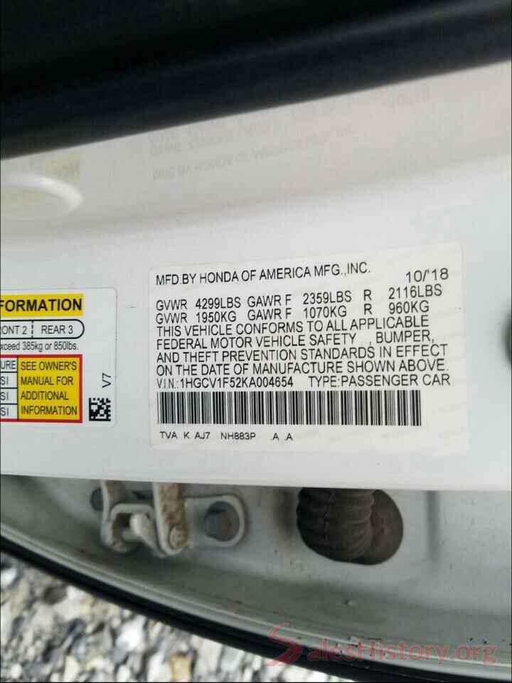 1HGCV1F52KA004654 2019 HONDA ACCORD