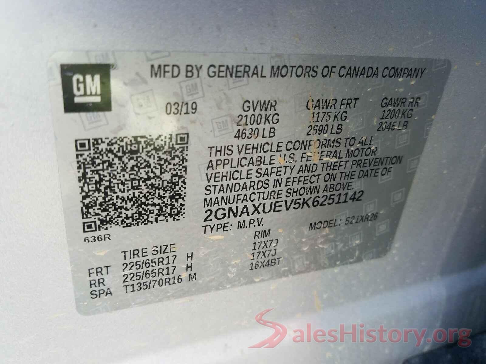 2GNAXUEV5K6251142 2019 CHEVROLET EQUINOX