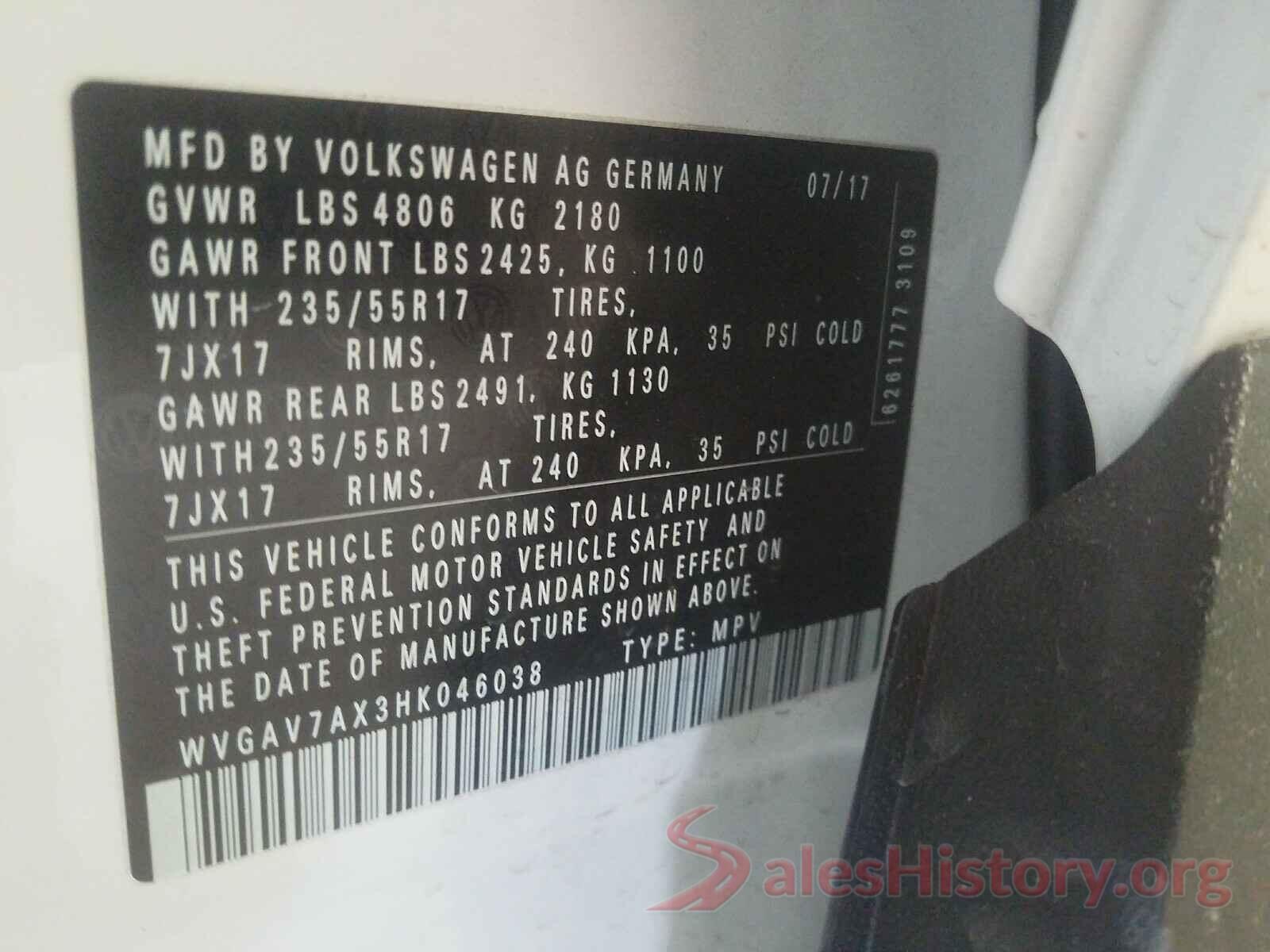 WVGAV7AX3HK046038 2017 VOLKSWAGEN TIGUAN