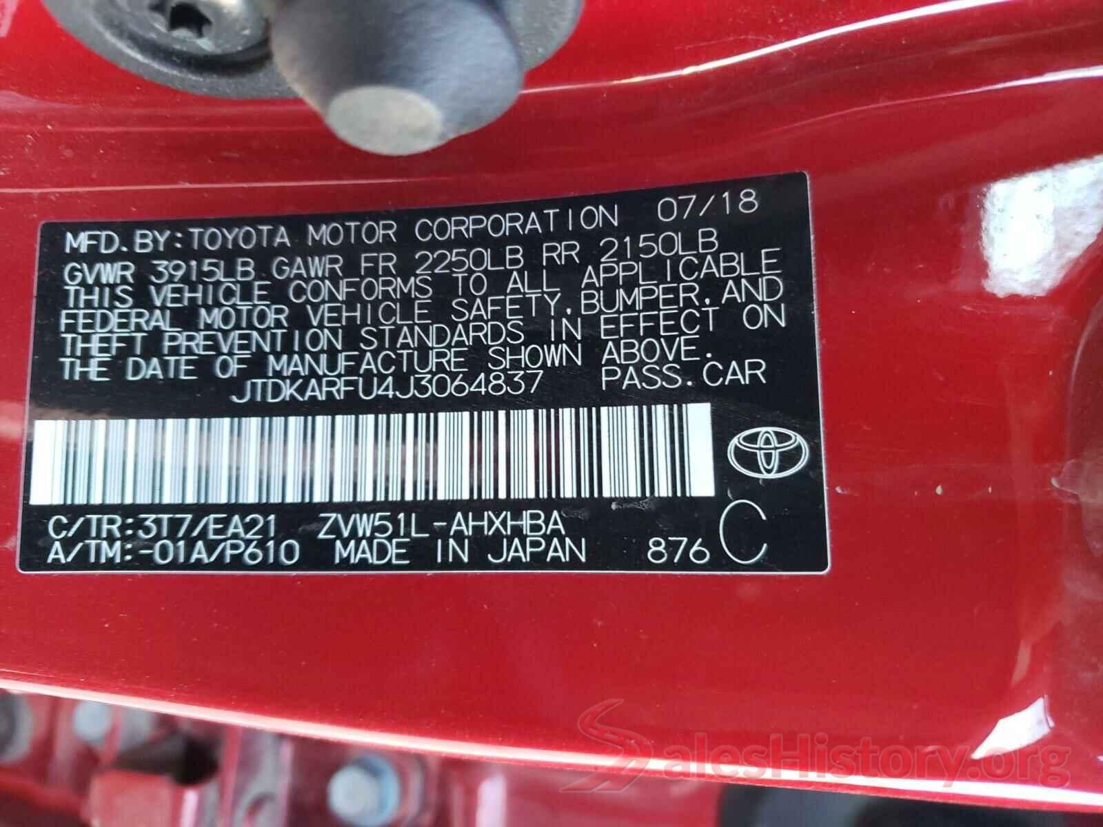 JTDKARFU4J3064837 2018 TOYOTA PRIUS