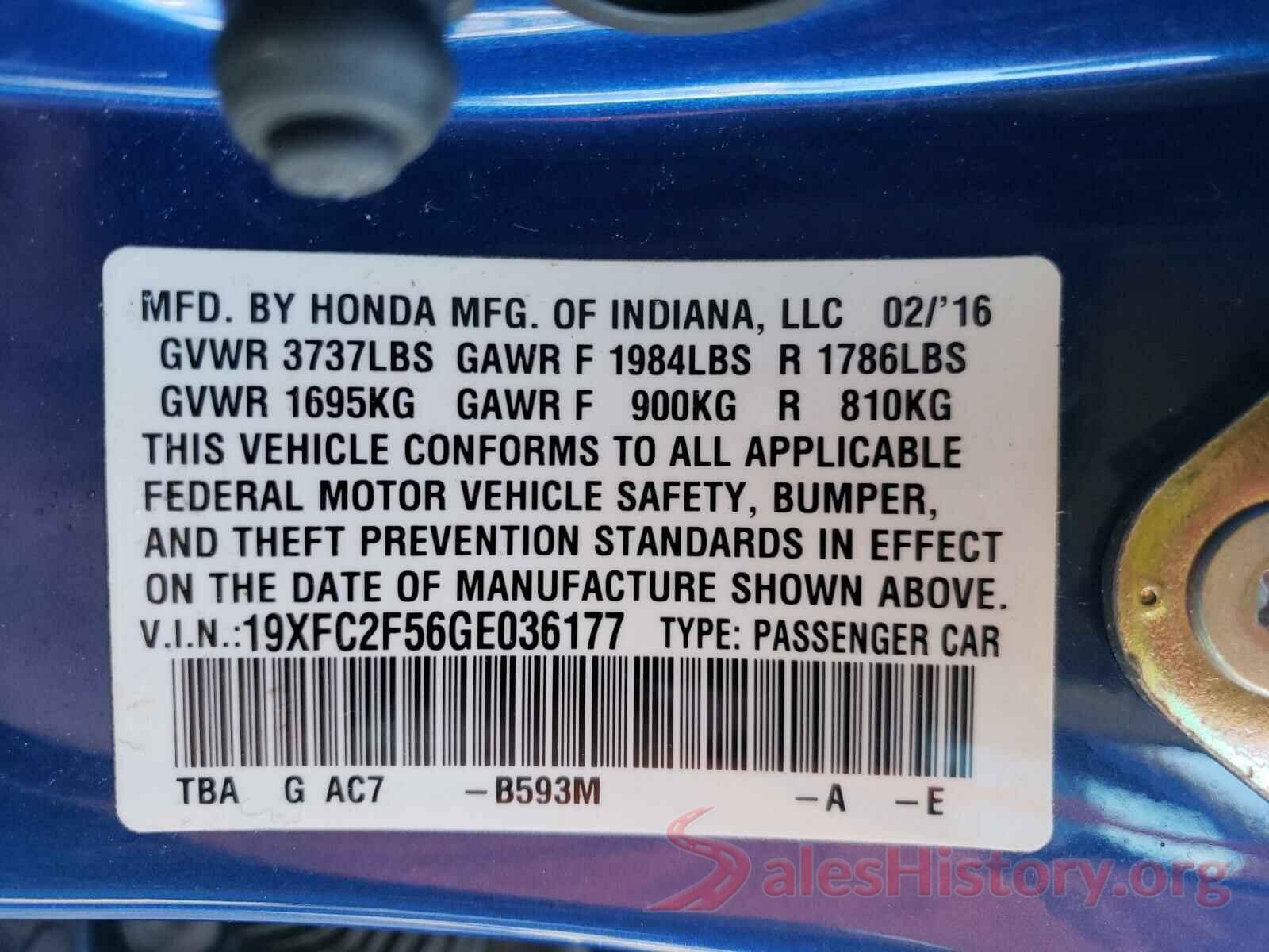 19XFC2F56GE036177 2016 HONDA CIVIC