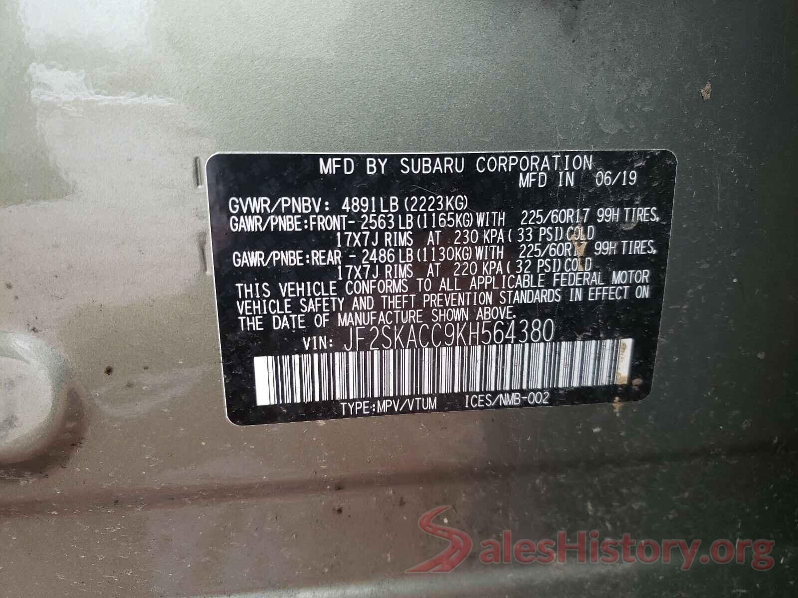 JF2SKACC9KH564380 2019 SUBARU FORESTER