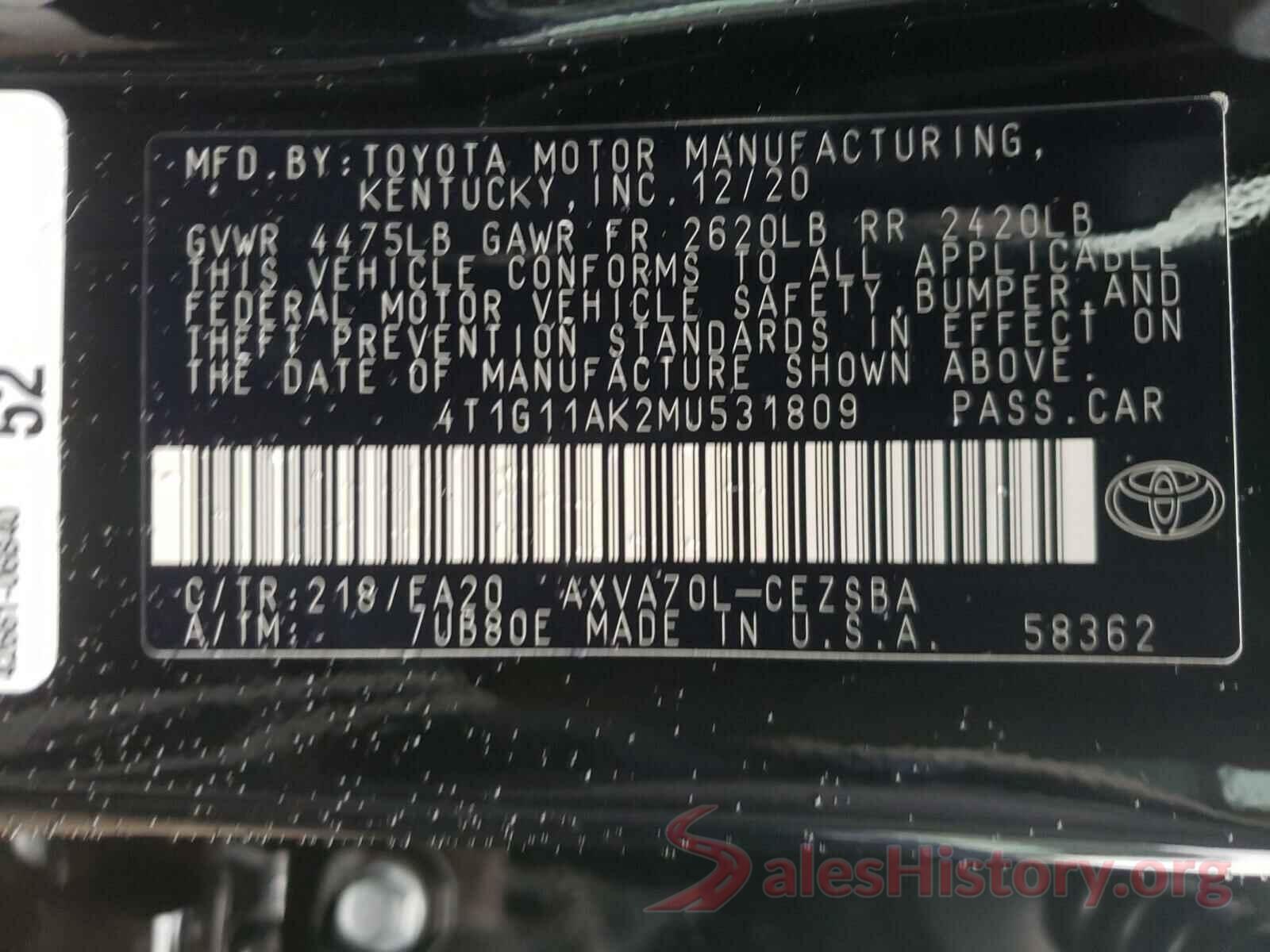 4T1G11AK2MU531809 2021 TOYOTA CAMRY