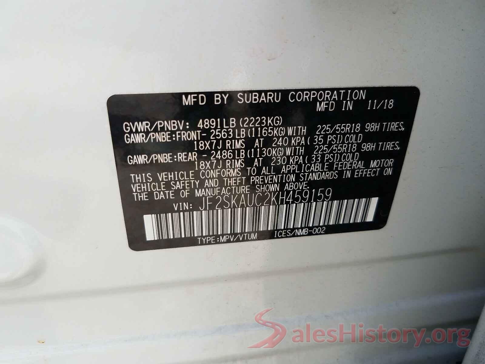 JF2SKAUC2KH459159 2019 SUBARU FORESTER