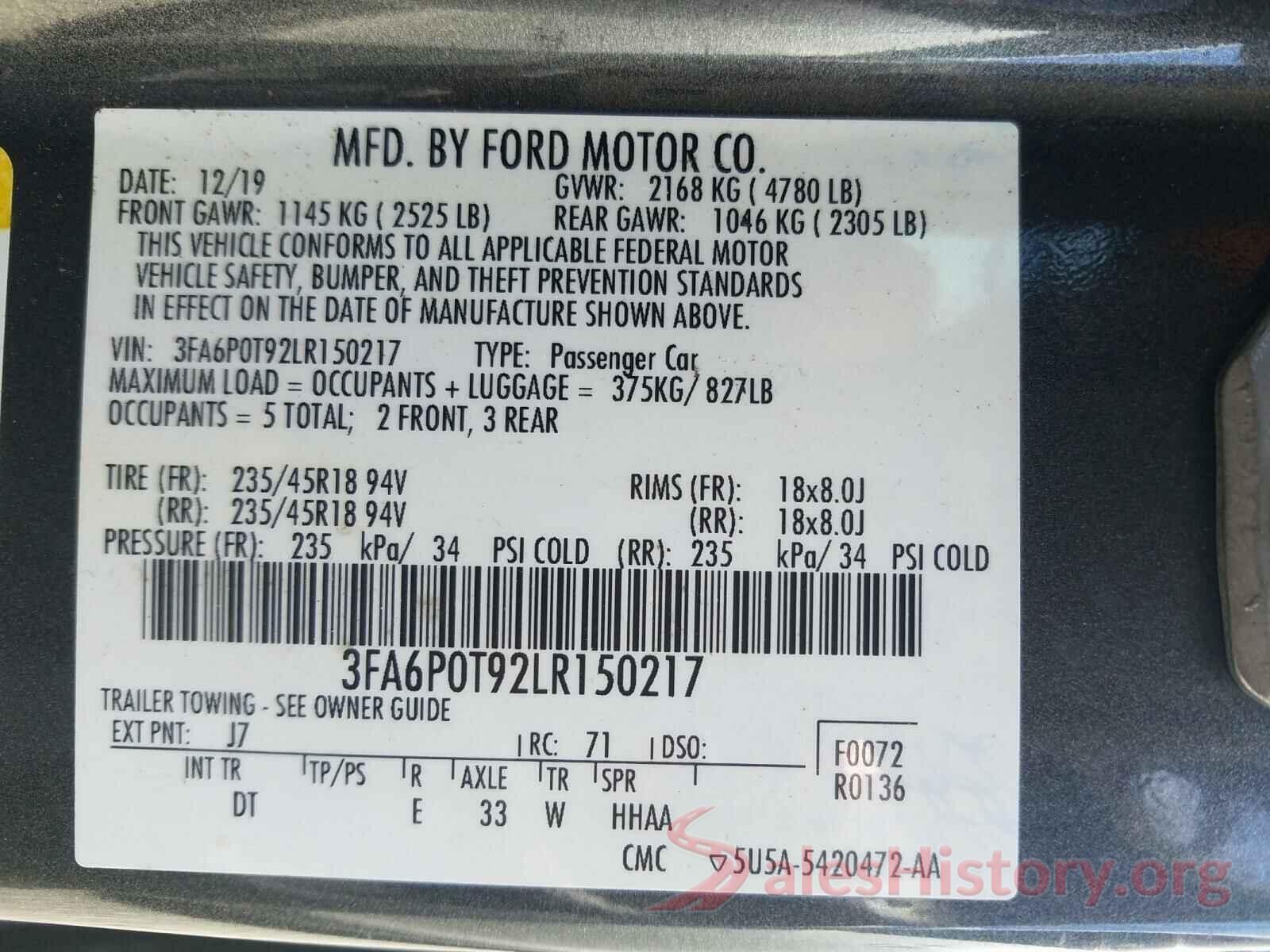 3FA6P0T92LR150217 2020 FORD FUSION