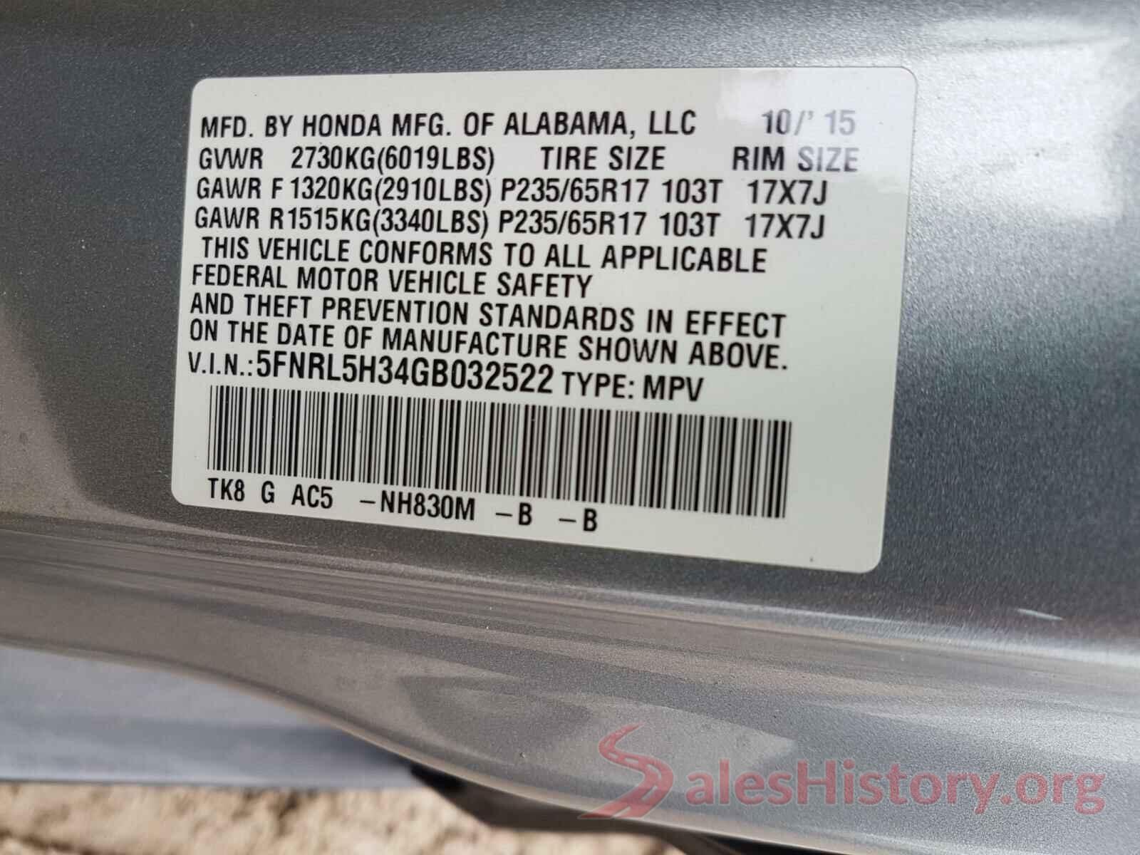 5FNRL5H34GB032522 2016 HONDA ODYSSEY