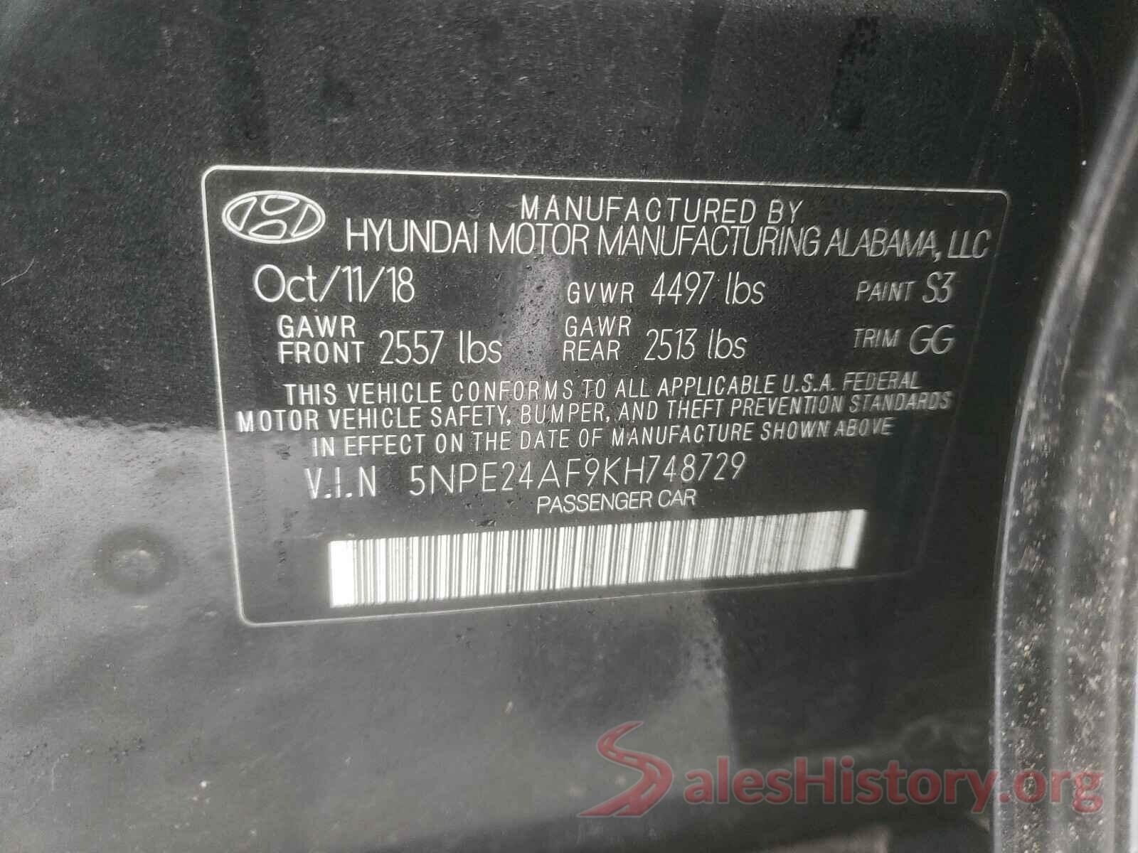 5NPE24AF9KH748729 2019 HYUNDAI SONATA