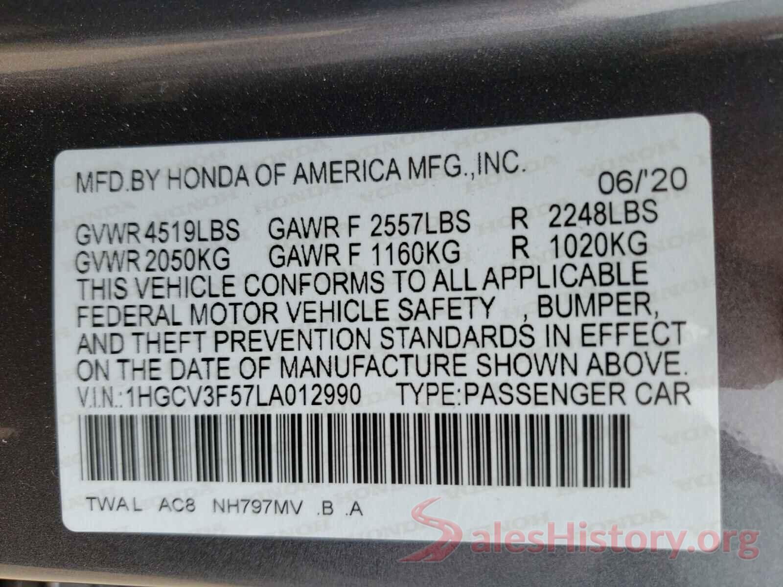 1HGCV3F57LA012990 2020 HONDA ACCORD