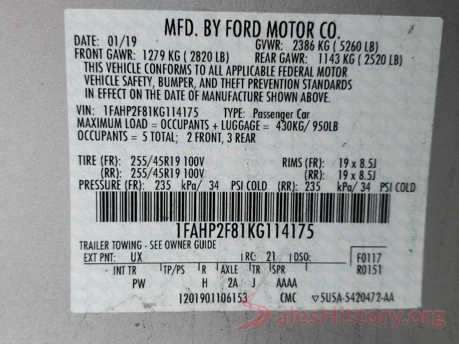 1FAHP2F81KG114175 2019 FORD TAURUS