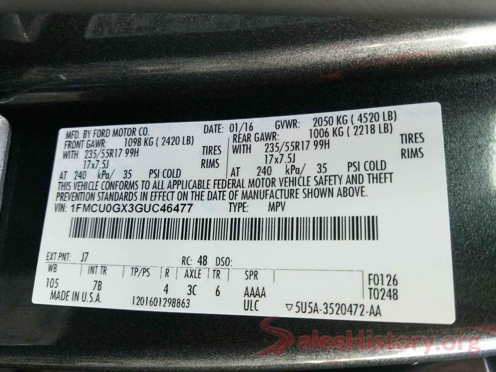 1FMCU0GX3GUC46477 2016 FORD ESCAPE