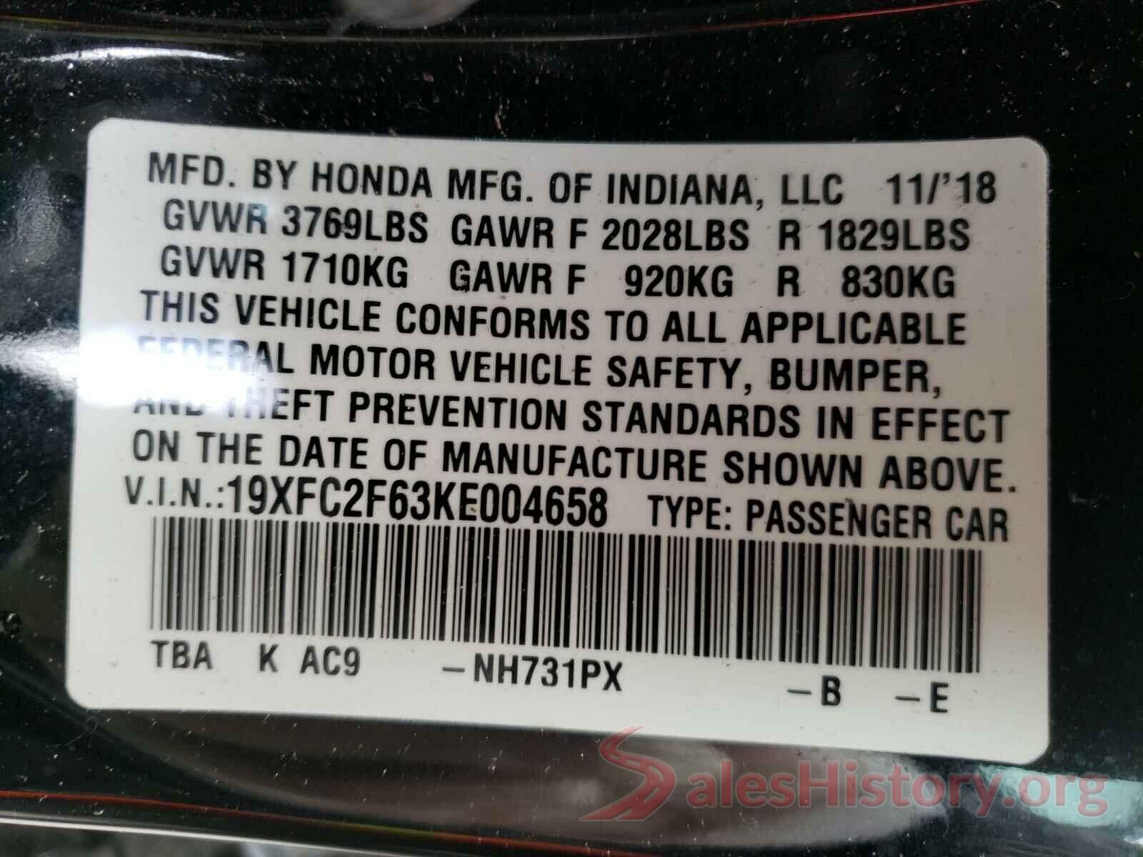 19XFC2F63KE004658 2019 HONDA CIVIC