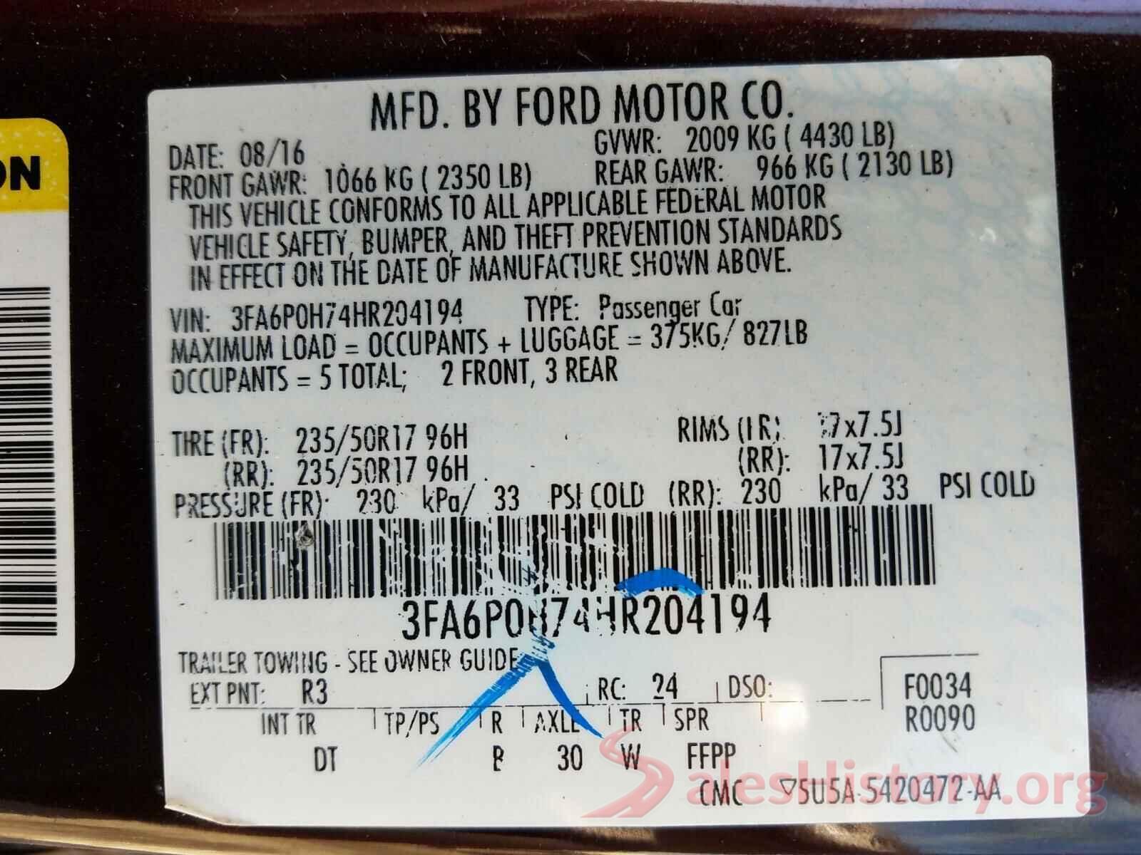 3FA6P0H74HR204194 2017 FORD FUSION