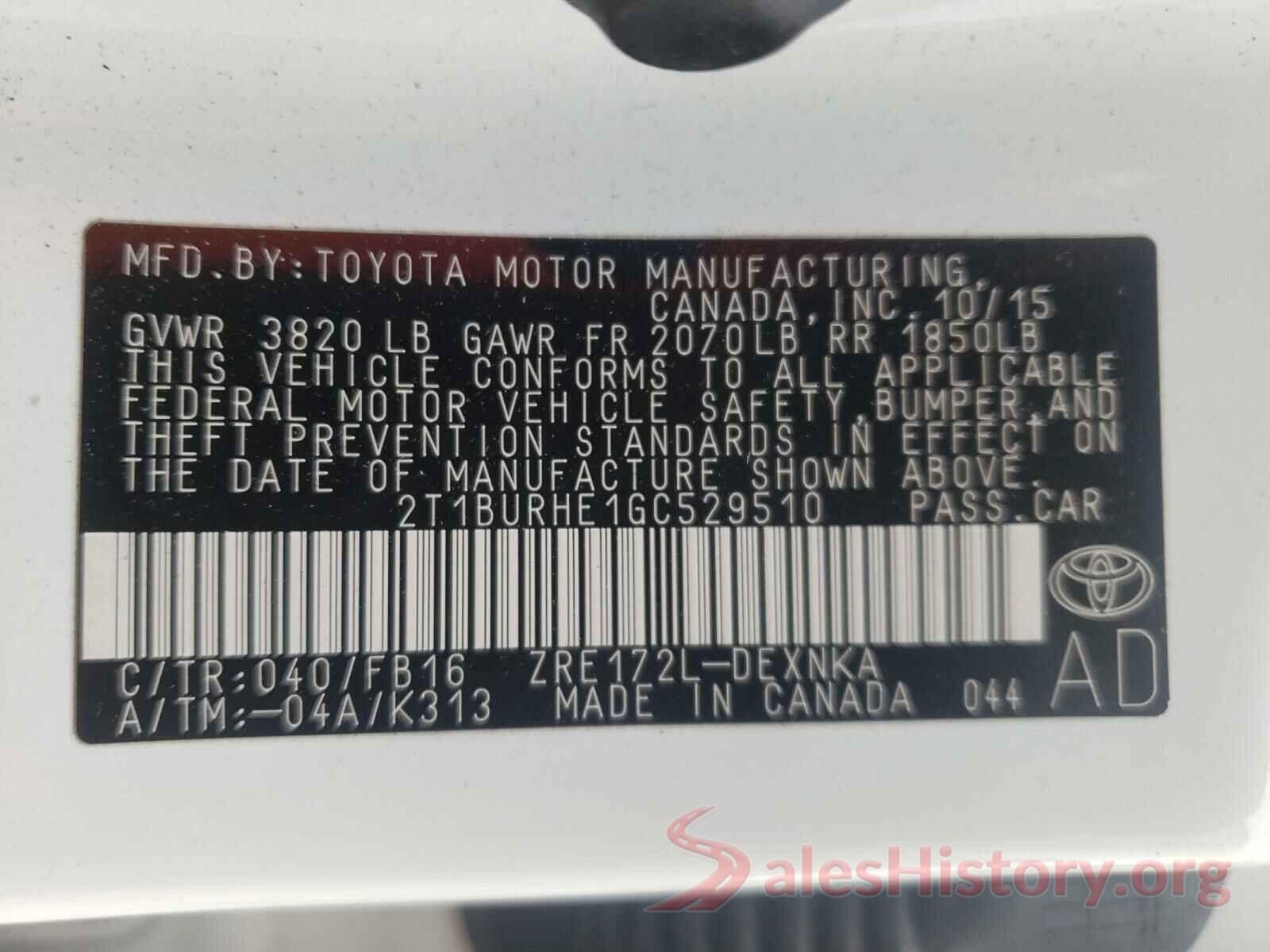 2T1BURHE1GC529510 2016 TOYOTA COROLLA