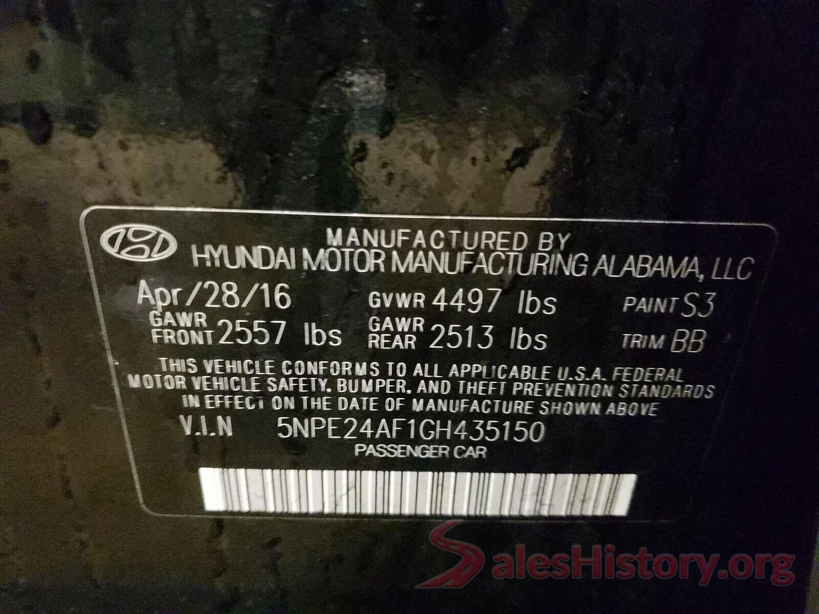 5NPE24AF1GH435150 2016 HYUNDAI SONATA