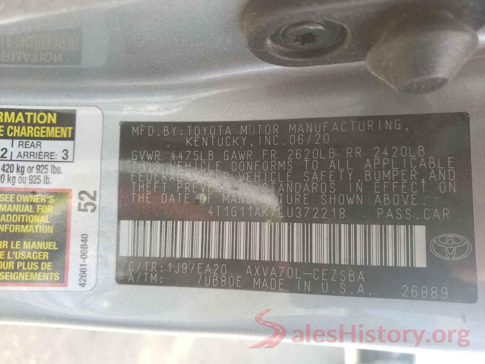 4T1G11AK7LU372218 2020 TOYOTA CAMRY