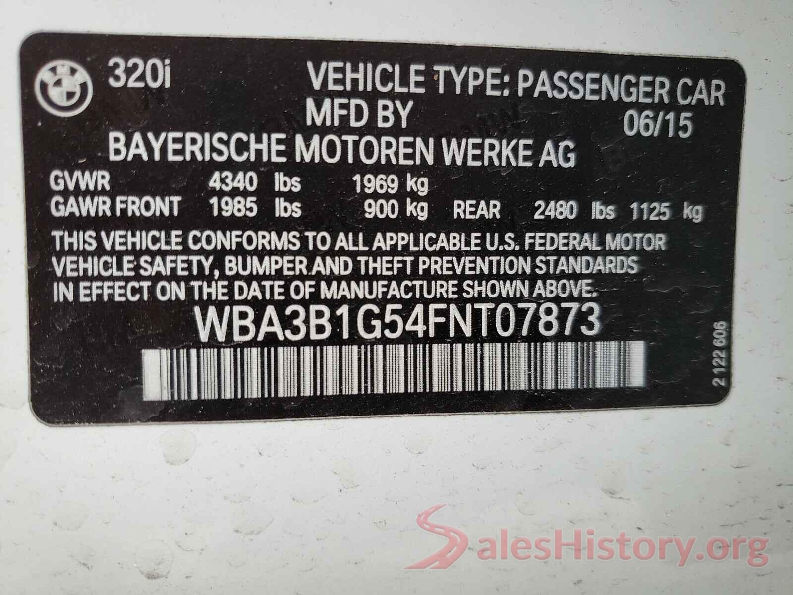 WBA3B1G54FNT07873 2015 BMW 3 SERIES