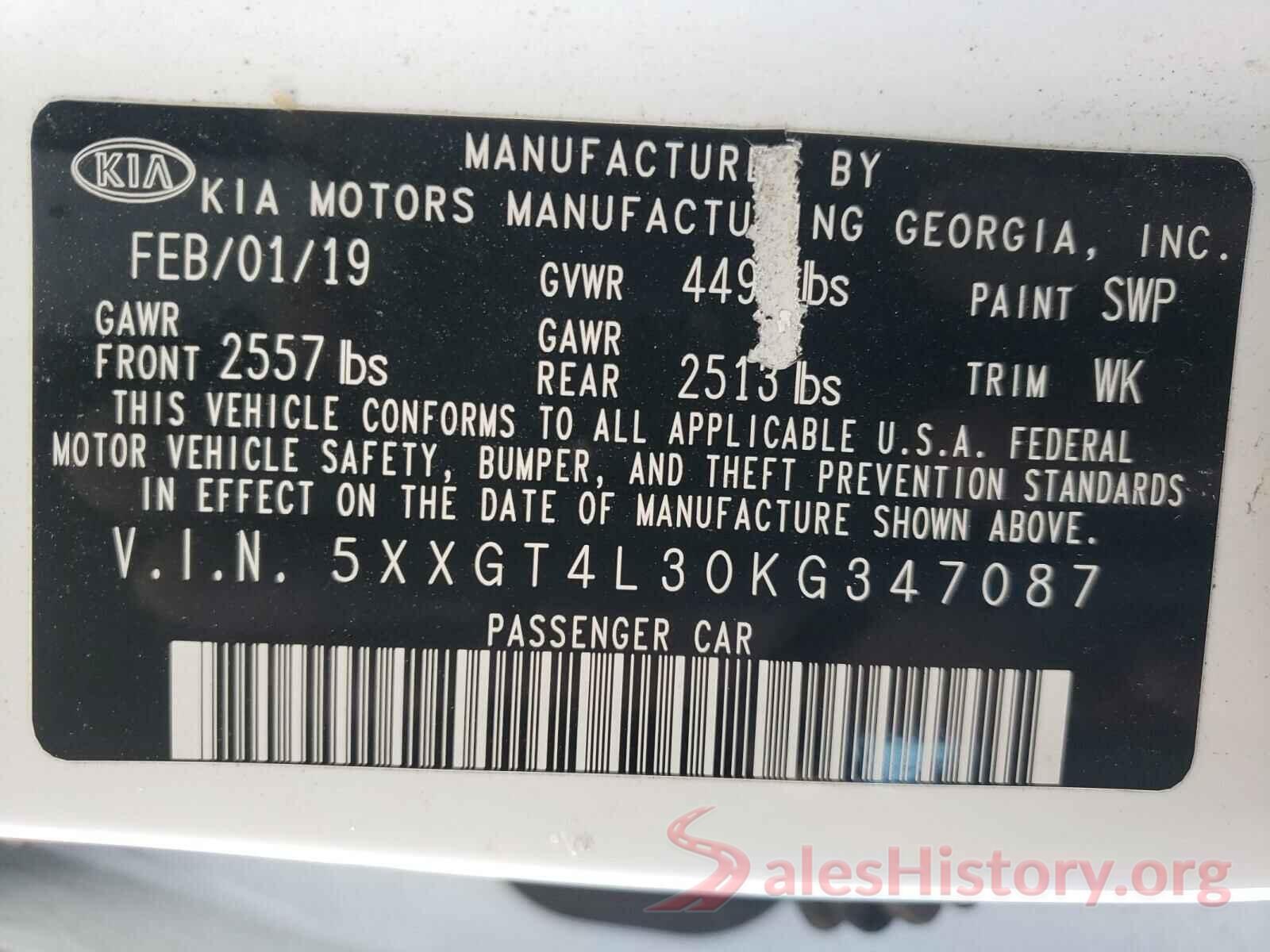 5XXGT4L30KG347087 2019 KIA OPTIMA