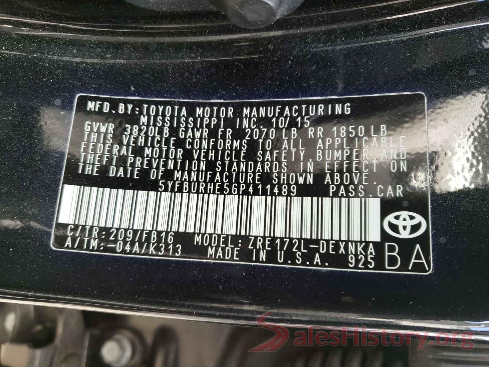 5YFBURHE5GP411489 2016 TOYOTA COROLLA