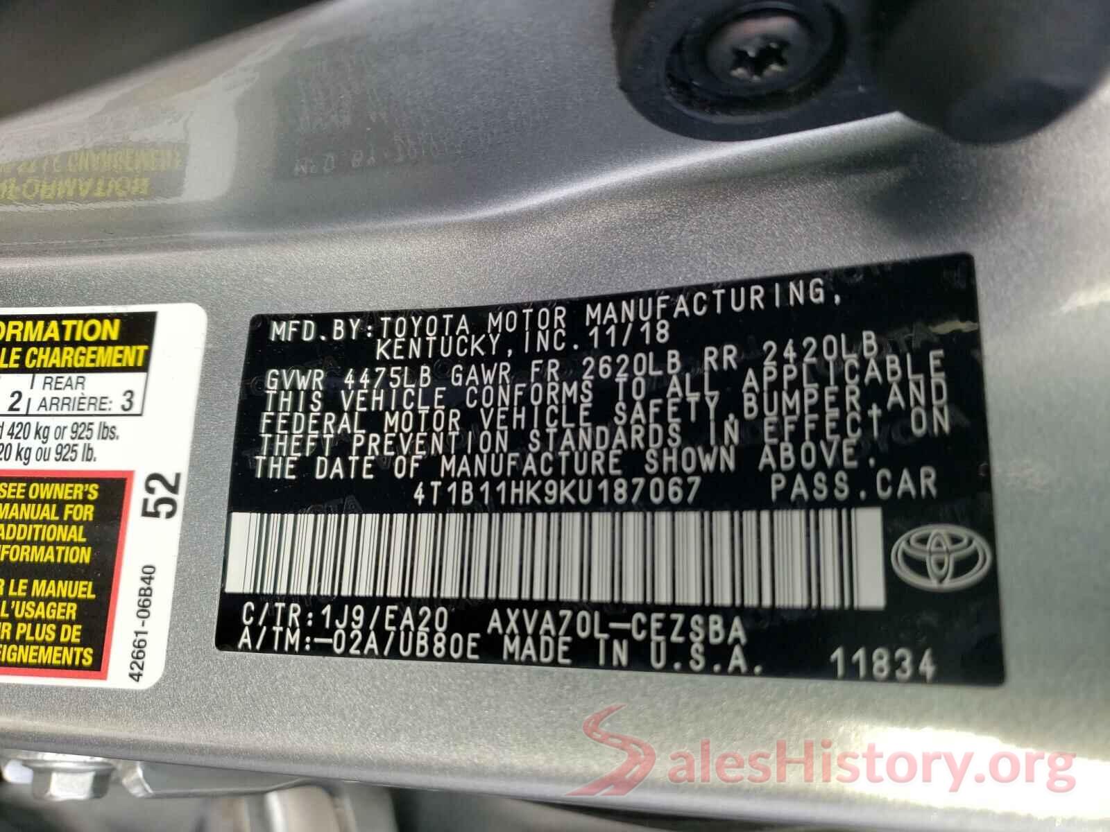 4T1B11HK9KU187067 2019 TOYOTA CAMRY