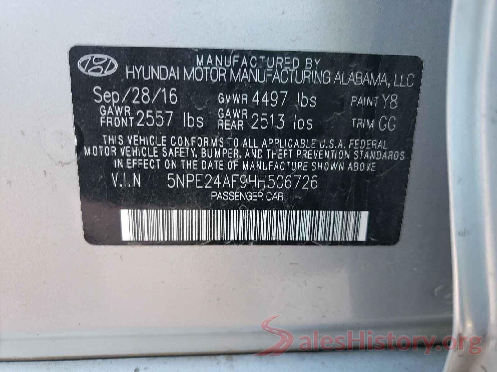 5NPE24AF9HH506726 2017 HYUNDAI SONATA