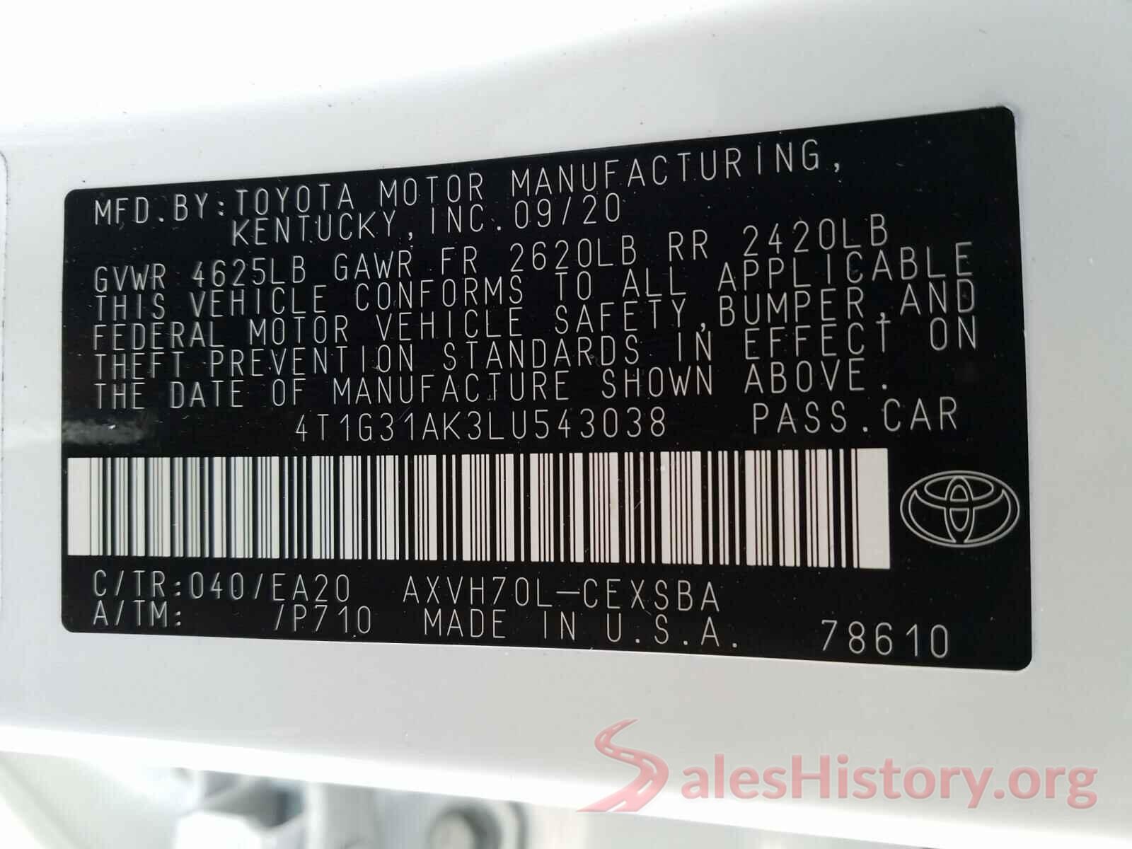 4T1G31AK3LU543038 2020 TOYOTA CAMRY